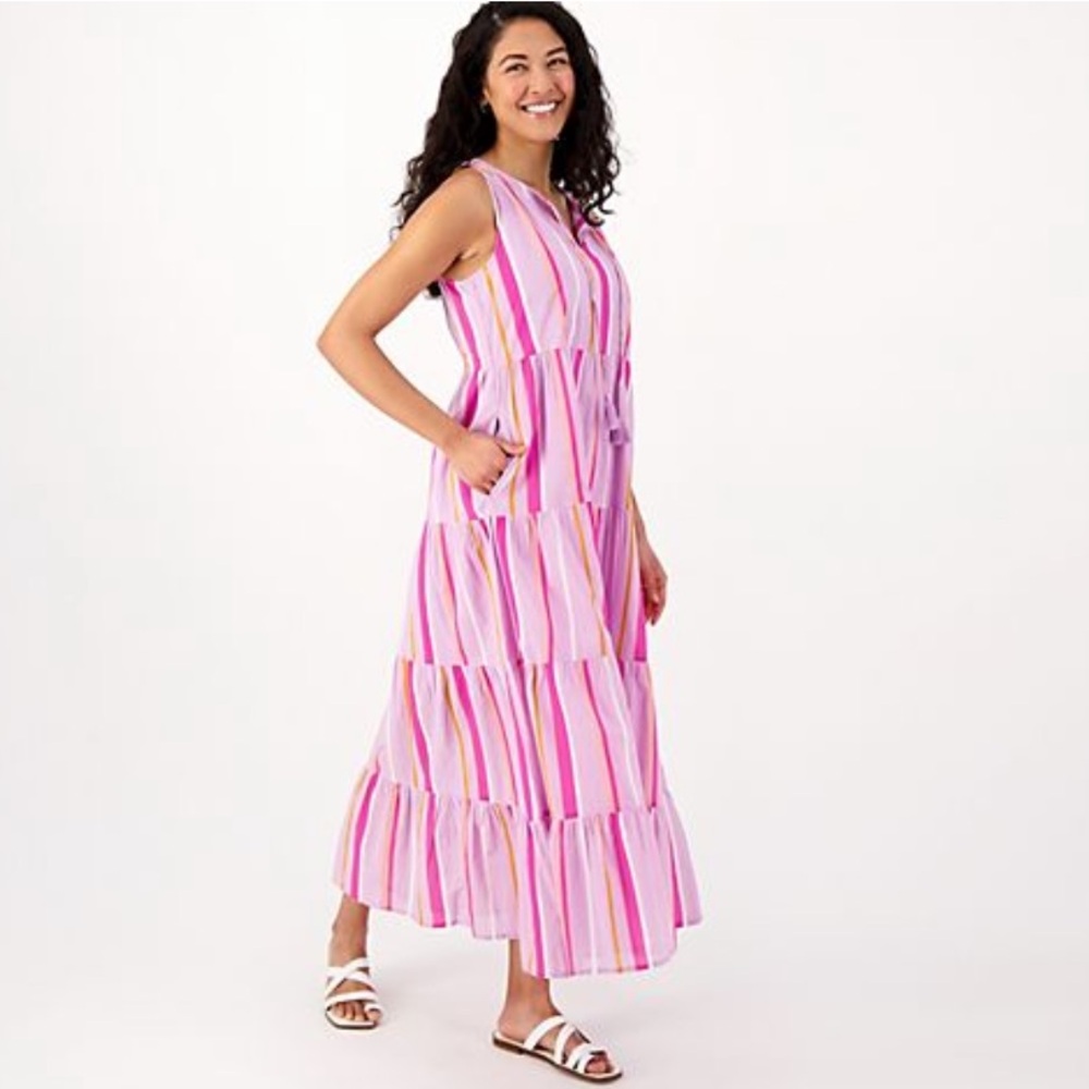 Destination 365 Light Pink Striped Tiered Maxi Dress Size Large Petite